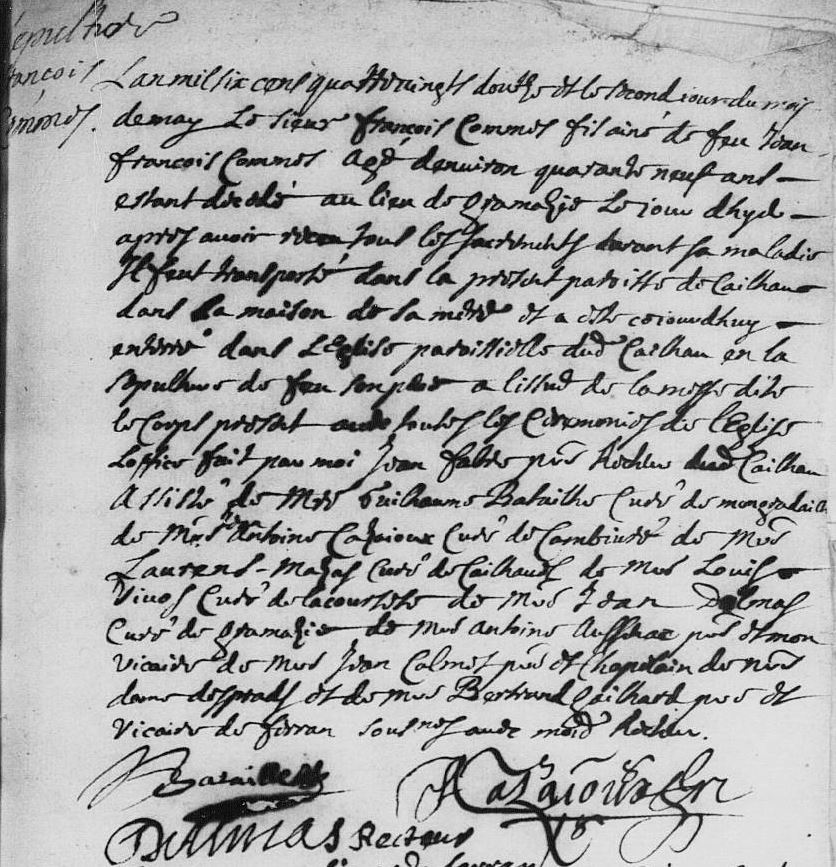 acte-de-deces-1692-FRANCOIS-COMMES-PERE Cailhau : un caveau sous les dalles de l'église